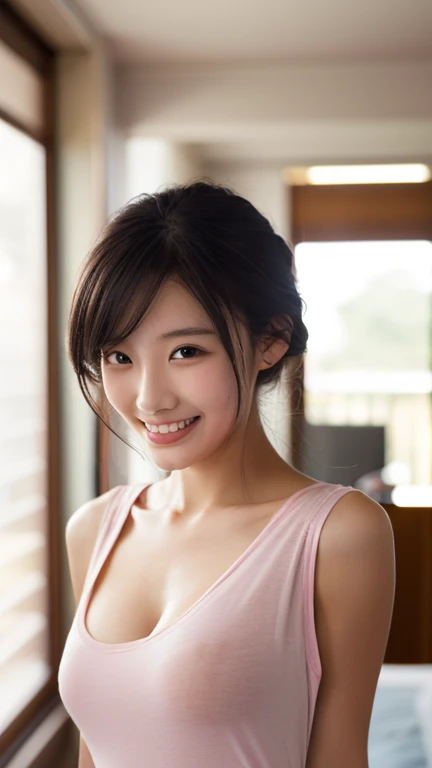 masterpiece,best quality,(Japanese ),((Beautiful girl)),cleavage,indoor,(perfect body beauty:1.2),(shy smile),beautiful teeth,