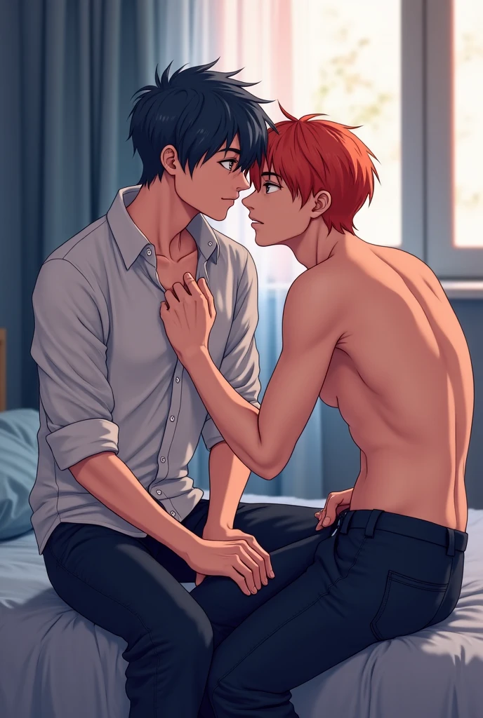 Draw two anime room, one guy has dark pink hair, light blue eyes, black skin, he is kneeling on the floor as a passive, he is shirtless, showing skin with slight muscles, while the other guy has light neutral brown hair, caramel eyes, brown skin, he is standing holding the chin of the passive Bl yaoi sexy