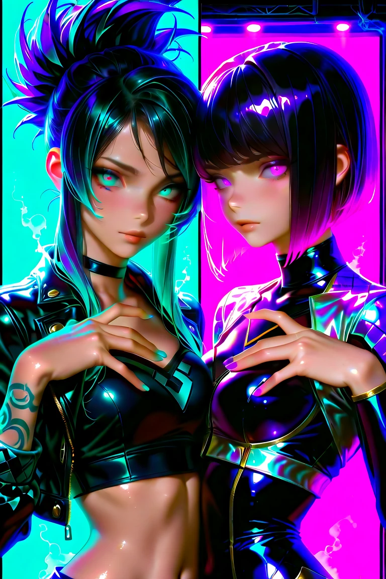 two women in bikinis and skeleton costumes standing next to each other, beeple and james jean, edgar maxence and ross tran, loish and ross tran, artwork in the style of guweiz, beautiful sci - fi twins, detailed digital anime art, anime styled digital art, by Russell Dongjun Lu, beeple and jeremiah ketner