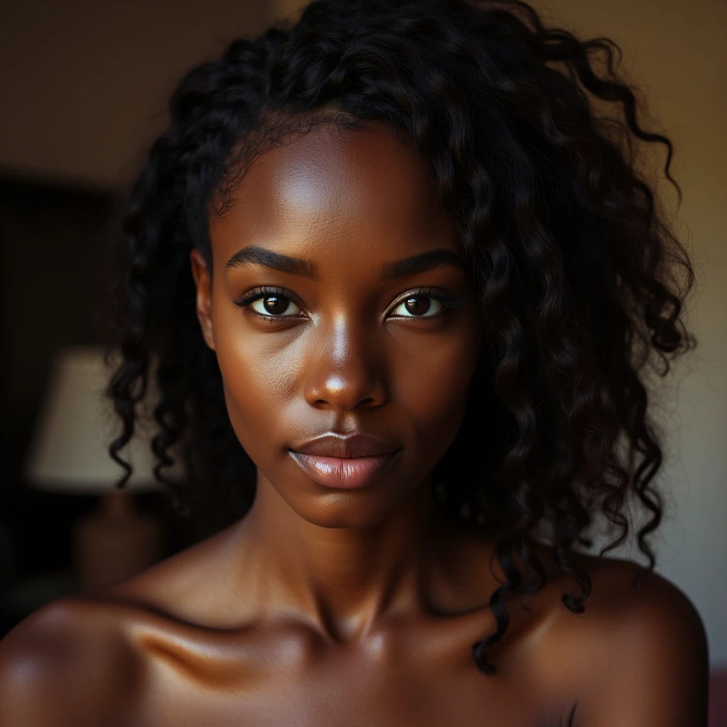 instagram picture, Close-up headshot of the most beautiful black woman you know, nya, Fission, afro skin, (sorrido:0.4), hard shadows, best qualityer, work-πrhyme, ultra high resolution, (photorealestic:1.4), Foto RAW, 1girls, ((nya)), ((large breasted)), cool light, big booty, NSFW, posing on bed, girl, Showing legs, Temari,