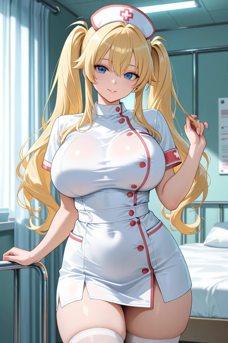 masterpiece, best quality, very aesthetic, absurdres,
1girl, lucy heartfilia, fairy tail, ahoge, hat, nurse cap, blush, large breasts, nurse, white dress, short sleeves, bandaged arm, wrist cuffs, white gloves, white apron, standing, cowboy shot, hospital,