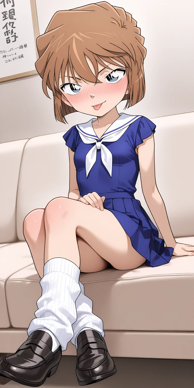 masutepiece, Best Quality, hight resolution, US1, Purple eyes, School uniform, Blue skirt, neckerchief, White socks, Pleated skirt, Long sleeves, White shirt, blue sailor collar, (Panties:1.1),White panties,Ribbon panties,sockes,shoe,Sitting,leg spreads