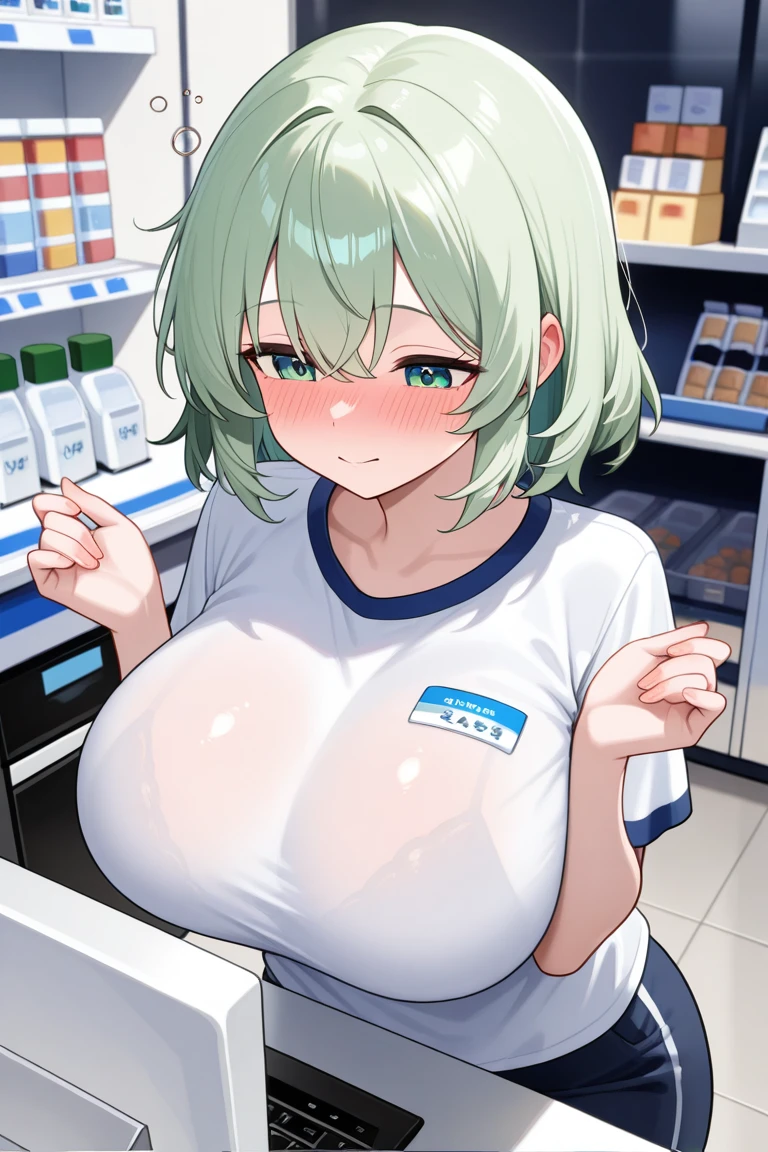 mastute piece,Best Quality,insanely detailed,8k cg,nsfw,
(shoot upper body:1.3),
(1girls:1.3),standing,looking at viewr,body in front,((both arms behind back:1.4)),(((blue convenience store employee uniform:1.4))),(bare breasts:1.4),break,
blush,shy,(ecstasy face:1.3),(trembling:1.2),break,(light silver hair:1.4),
break,
perfect breasts,perfect teats,(open mouth:0.9),(large breasts:1.2),
(in convenience store:1.1,in checkout counter:1.1),