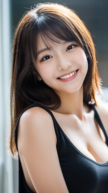 30-year-old woman, Chest Shot, Iris, Black Hair, Warm Background, Grin