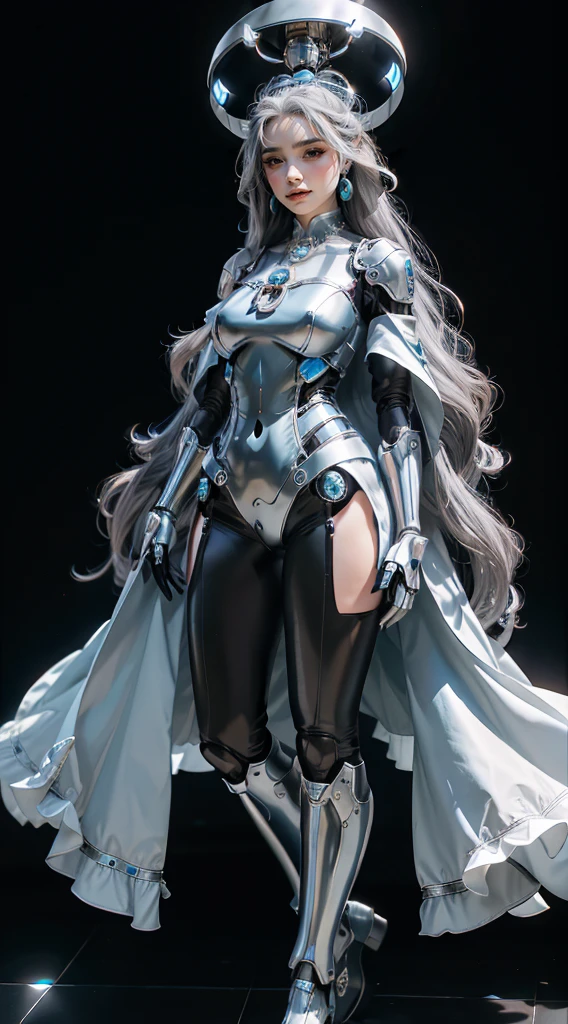 elegant hair,One girl,alone,Mechanical Headwear,Looking up at the lens,Gray Hair,Long Hair,whole body,Mechanical Arm,(shine:1.2),Earrings,View your viewers,Mechanical Necklace,Positive symmetrical composition,blue eyes,Robot Background,diamond,Background of the giant light engine,Mechanical legs,.