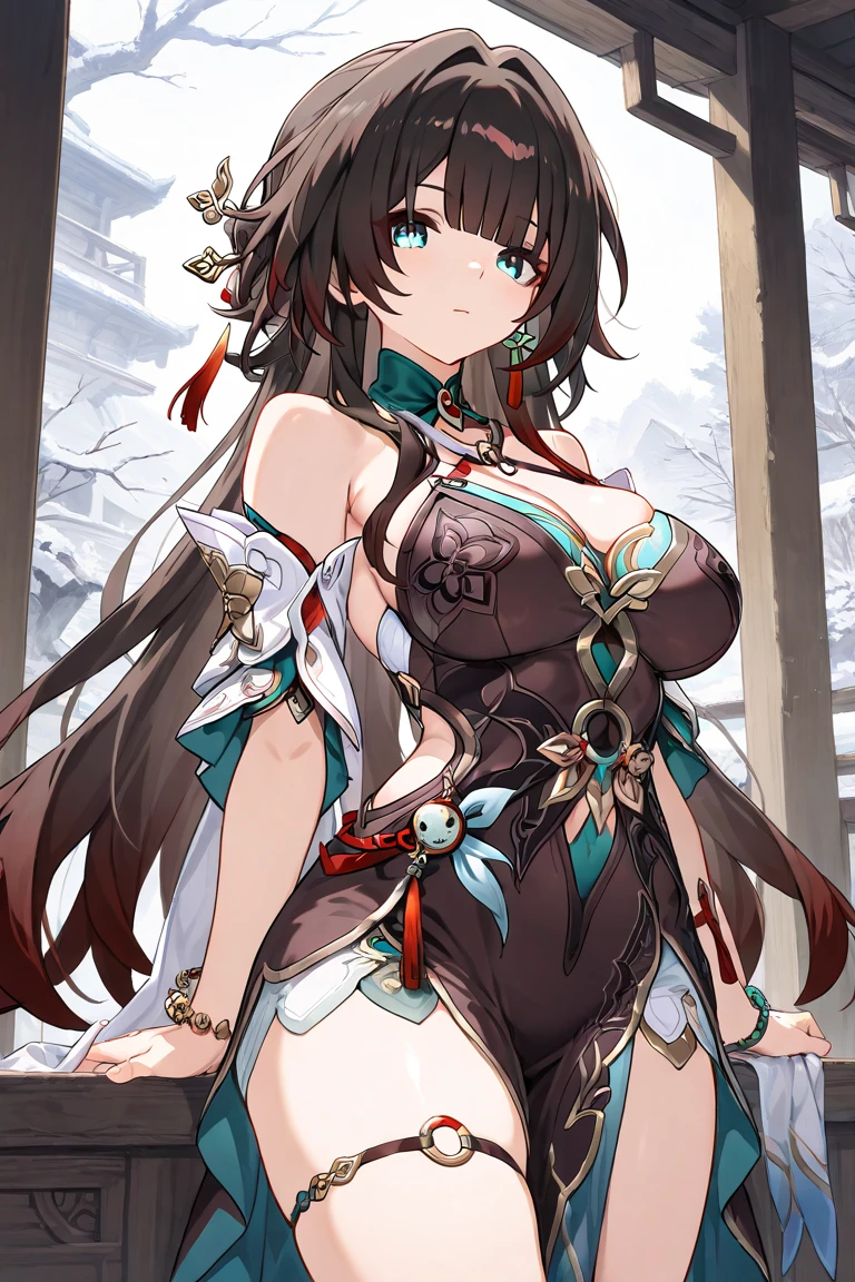 (tmasterpiece:1.2),Atdan, 1个Giant Breast Girl, Alone, Branch, florals, jewely, a skirt, 耳Nipple Ring, The tree, By bangs, long whitr hair, hair adornments, view the viewer, Chinese clothes, brunette color hair, hairflower, Brown hair, exposed bare shoulders, Very long hair, Wide sleeves, longer sleeves