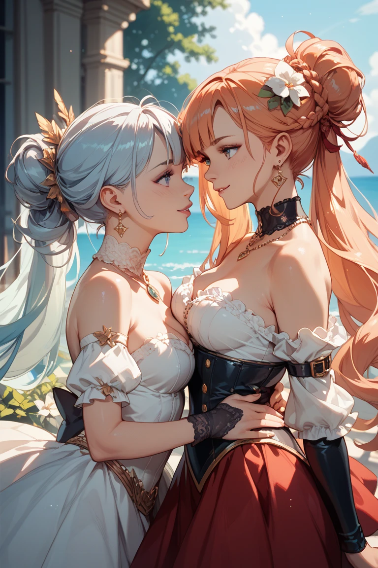 blonde very long hair, red eyes, wearing a sexy blue dress, side slit, ultrasharp, looking at the viewer, ((best quality)), ((masterpiece)), (detailed), perfect face, big breast, sexy body, sexy woman besides her, hugged, An anime scene of two girls hugging and kissing intensely, with hearts and sparkles floating around them as they stand in pool of water