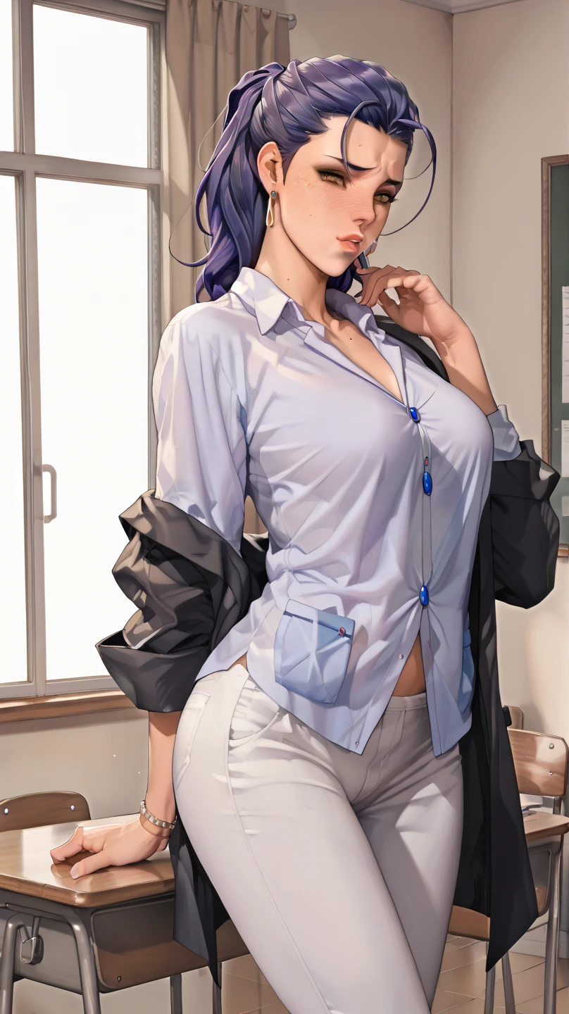 arafed asian woman in a white shirt and black skirt posing for a picture, jaeyeon nam, gorgeous young korean woman, beautiful south korean woman, korean girl, beautiful young korean woman, korean woman, heonhwa choe, korean women's fashion model, smooth white tight clothes suit, sexy look, big breast, light purple hair