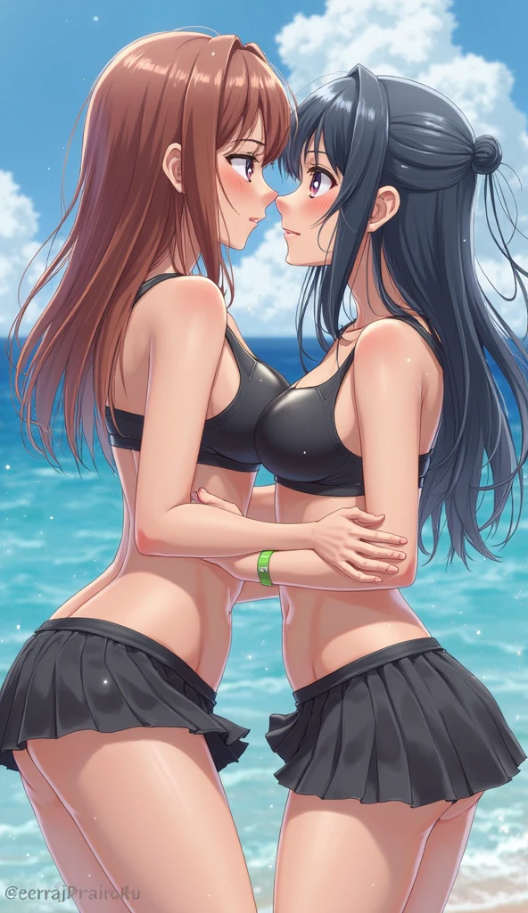 Duo, score_9,score_8_up,score_7_up, source_cartoon, source_anime, 2 woman, a tall thick darkskin woman with black hair in a ponytail and green eyes wearing a red bikini, and a tall thick lightskin woman with long dark blue hair and brown eyes wearing a blue one piece swimsuit, barefoot, one woman laying on top of the other woman, top woman grabbing bottom woman's breast, bottom woman grabbing top woman's ass, kissing, eyes closed