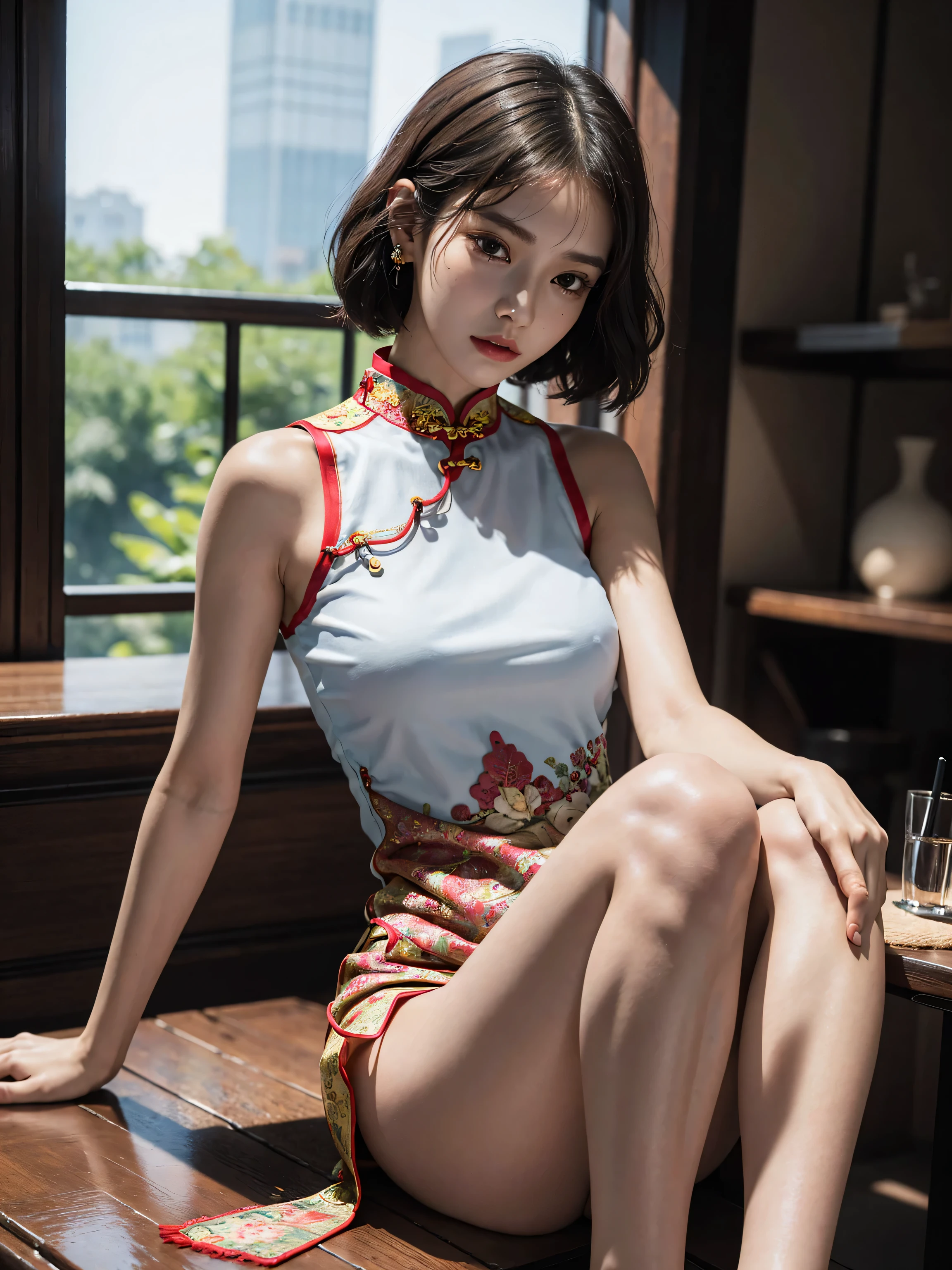 Random posture, (An extremely delicate and beautiful work), (masterpiece), 1girl, (Cheongsam attire:1.7), (full body showing legs:1.7), (show feets:1.7) ,cute,   narrow waist, very thin legs, highly detailed, waist leaking, ponytail contorted, charming expression, beautiful and clear eyes, green eye pupil, delicate necklace, delicate earrings, simple blurred background, extreme detail description, beautiful, charming, ultra-fine painting, delicate face, delicate figure, Fine collarbones, lovely lips, beautiful breasts, soft behind,(8k, RAW photo, best quality, masterpiece:1.2), (realistic, photo-realistic:1.37),1girl,cute,beach, night, rain, wet, professional lighting, photon mapping, radiosity, physically-based rendering,