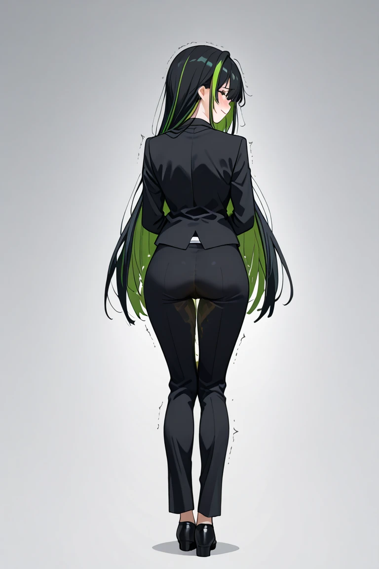 masterpiece, best quality, ultra-detailed, solo, shirt, long_sleeves, white_shirt, collared_shirt, black_pants, tight pants, formal, suit, arm_behind_back, shirt_tucked_in, office_lady, business_suit, high-waist_pants, volumetric lighting, best quality, masterpiece, intricate details, sharp focus, hyper detailed,, c.c., yellow_eyes, green hair, black necktie, black chocker, looking back, camera from behind, butt to camera