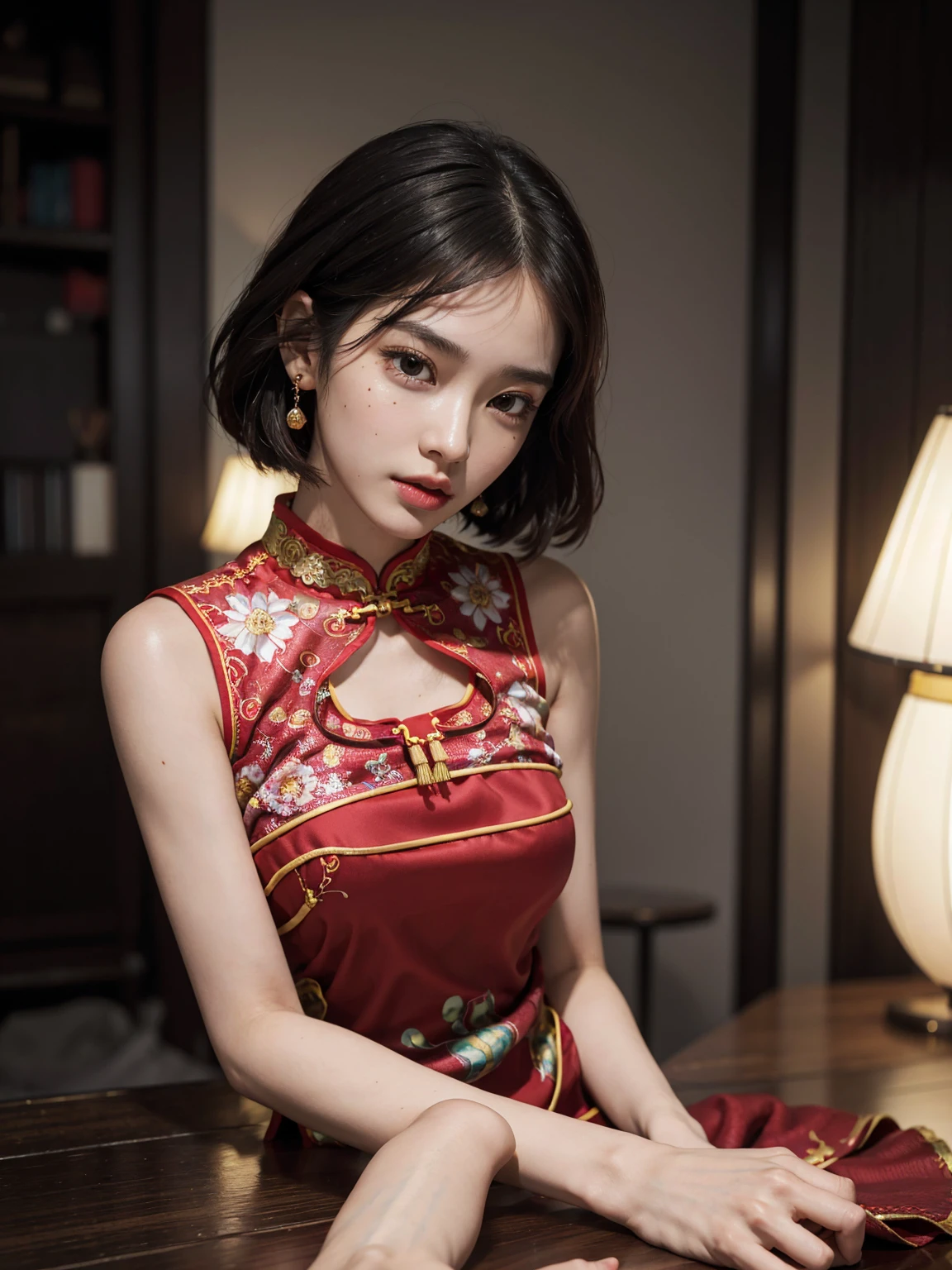 there is a woman that is sitting down in a room, 8k selfie photograph, portrait shot 8 k, soft portrait shot 8 k, wearing a red cheongsam, young cute wan asian face, pigtails hairstyle, 🤤 girl portrait, two pigtails hairstyle, taken with sony alpha 9, very very low quality picture, a young asian woman