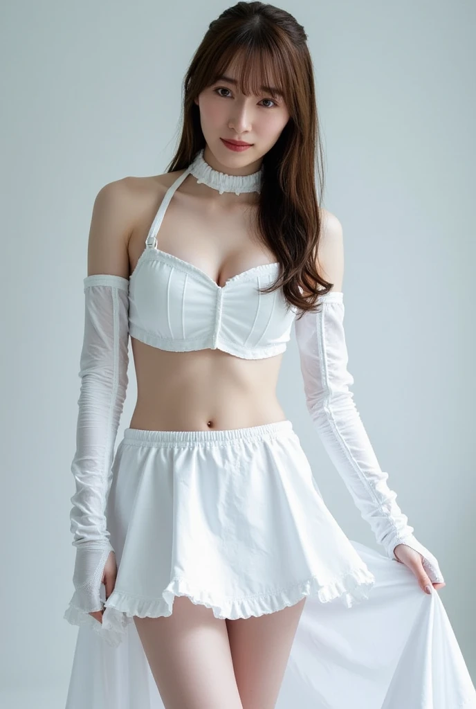 4K beauty,White short shirt shawl(Navel),Mini plaid skirt(2cm),White garter stockings,Butterfly decoration on chest,Maid headdress,Big breasts,Open mouth and a male genital intercourse