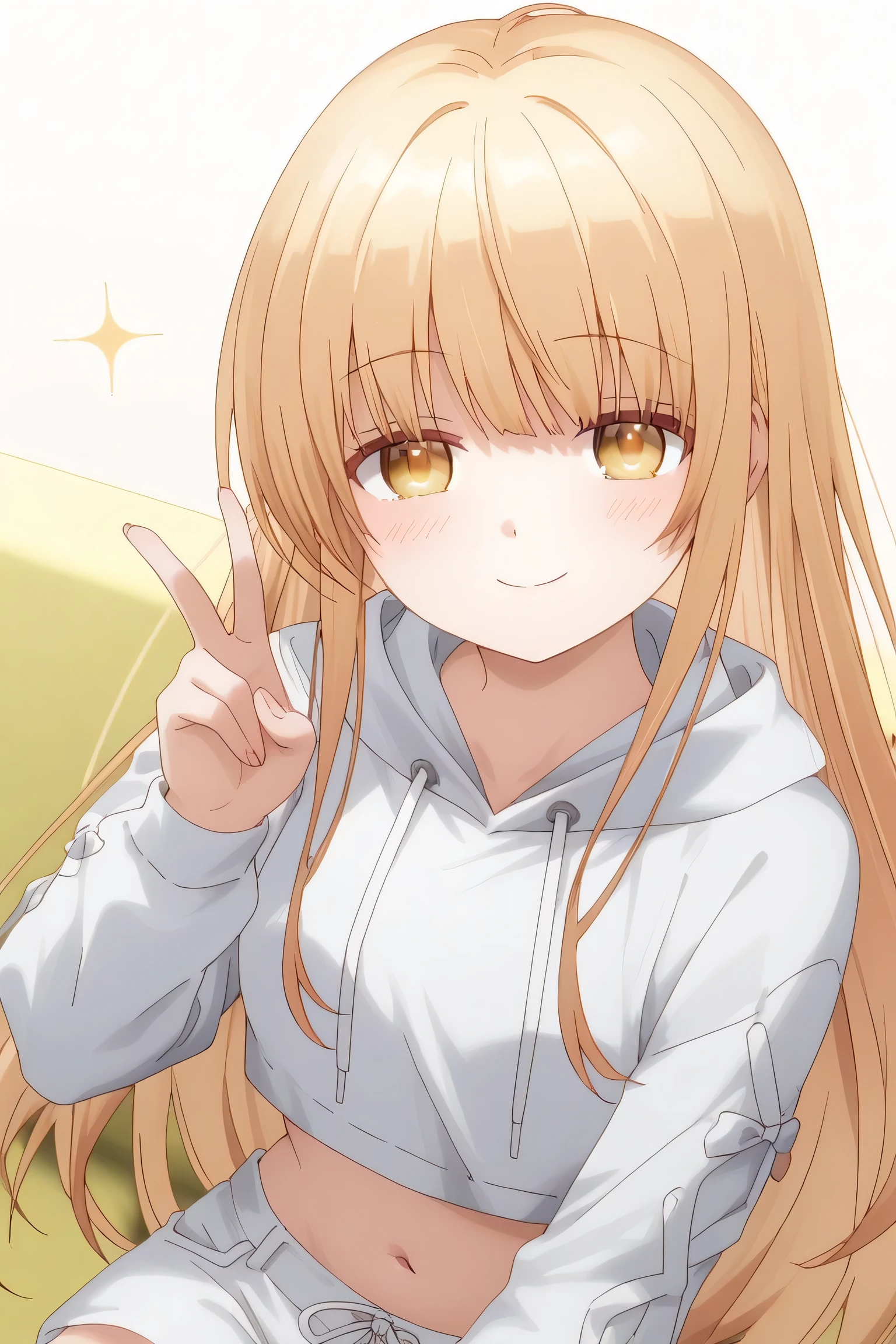 Mahiru Shiina: cropped hoodie, white shorts, One hand pose forms a V sign next to the face, cheerful expression and full of energy