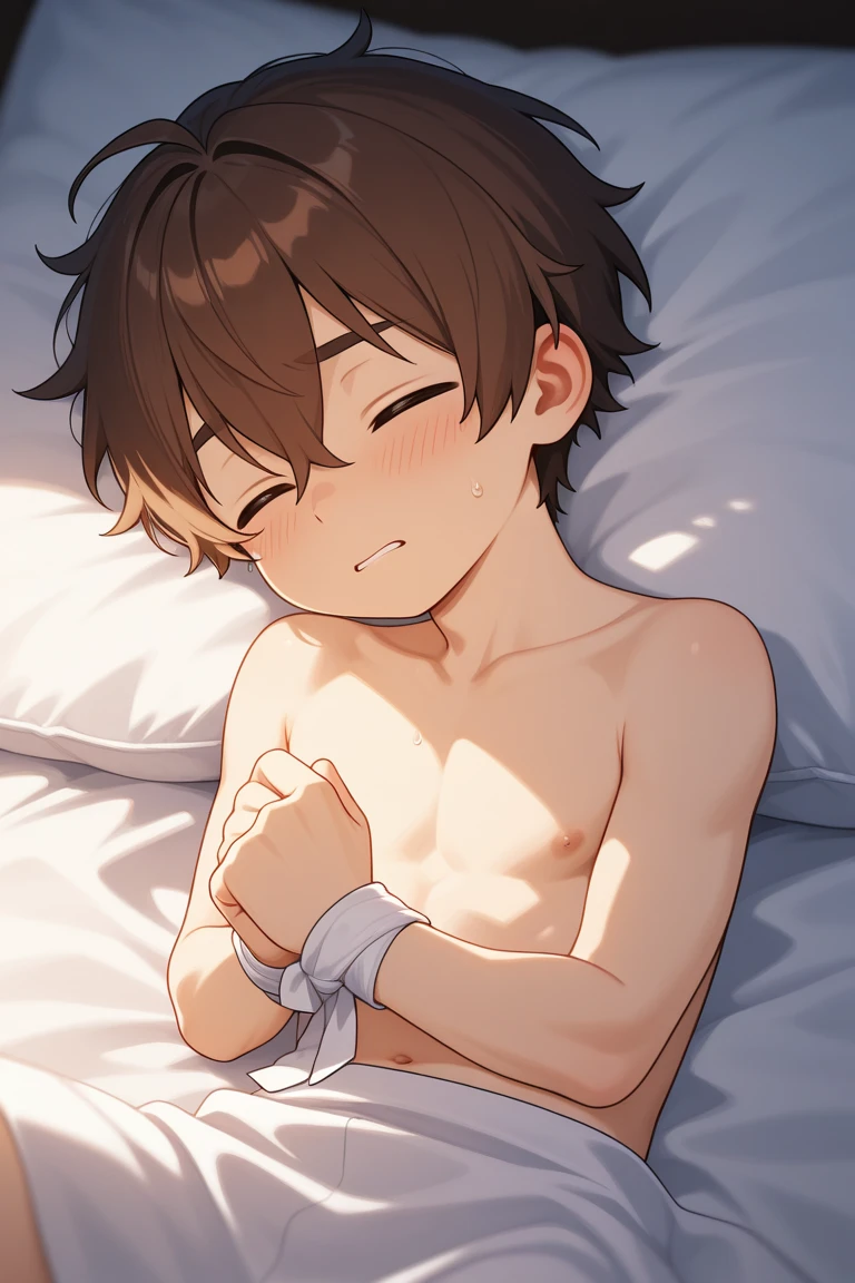 masutepiece, Best Quality, NSFW,1Boy, ,bed, bedroom, ,up looking_で_viewer, SUI_bed, ,POV, Realistic, distressed face,blushed face,Close one eye,closes mouth,Boy,(The human),fake dog ears,Shota,fullnude,dog collar,Erect,Saliva,Semen,cum shots,
