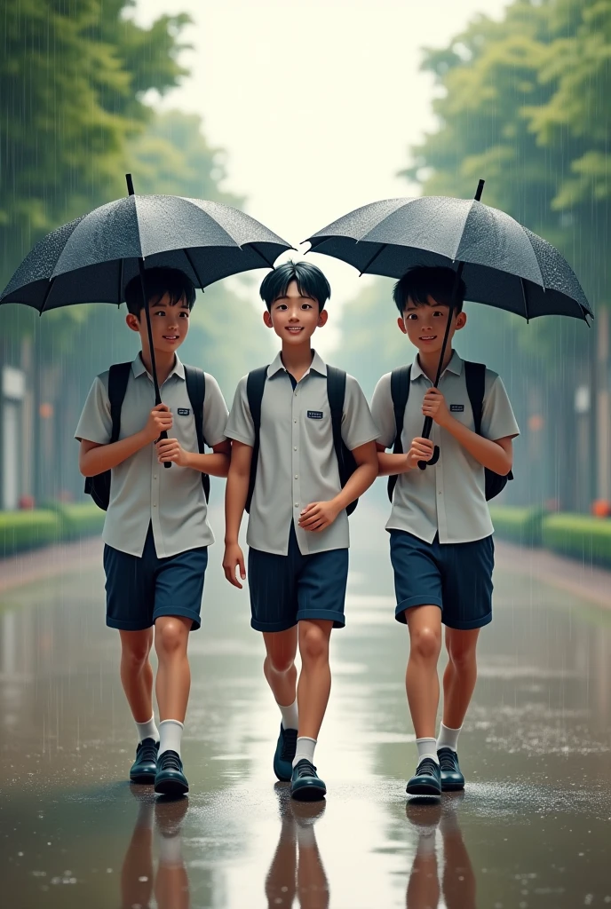 Some children are going to school on a rainy day. On city streets