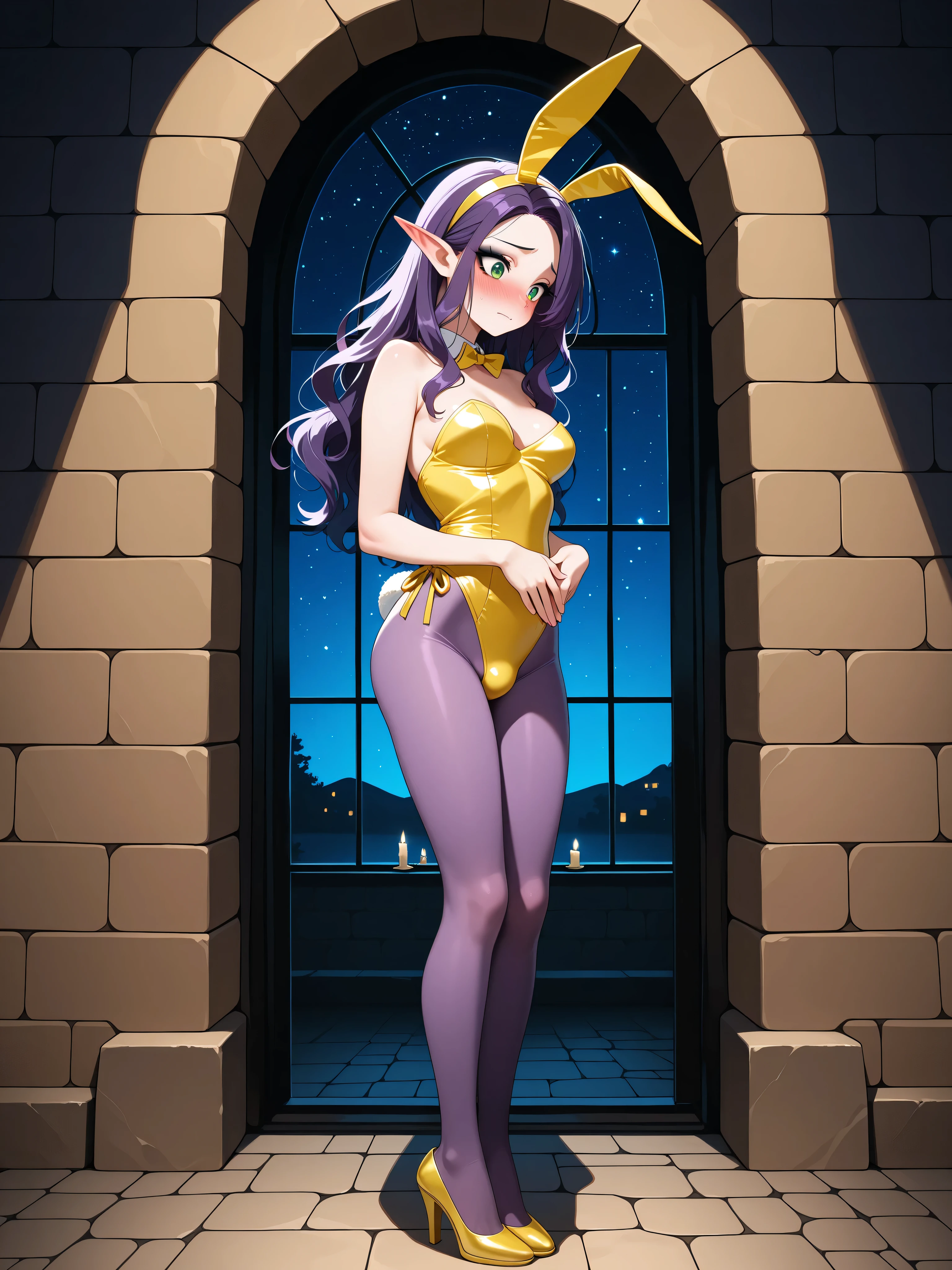 masterpiece, high quality, woman, full body, standing, hands covering self, purple hair, long hair, wavy hair, embarrassed, blushing, green eyes, dark eyeliner, long eyelashes, long elf ears, exotic skin, medium bust, (bulge), beautiful, wearing yellow bunnysuit, yellow bunny ears, purple tights, yellow heels, natural dynamic lighting casts detailed shadows, candlelight, starry night,