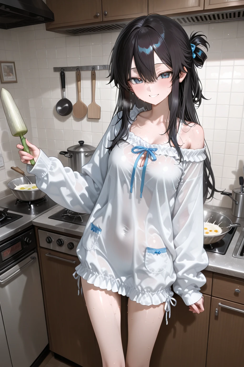 masterpiece, highest quality, (attractive woman), 28 years old, medium length hair, straight hair, bangs, model, big breasts, brown eyes, Happy, (protruding pubic hair:1.2), camisole, Mini Thongs, (grab crotch:1.2), indoor