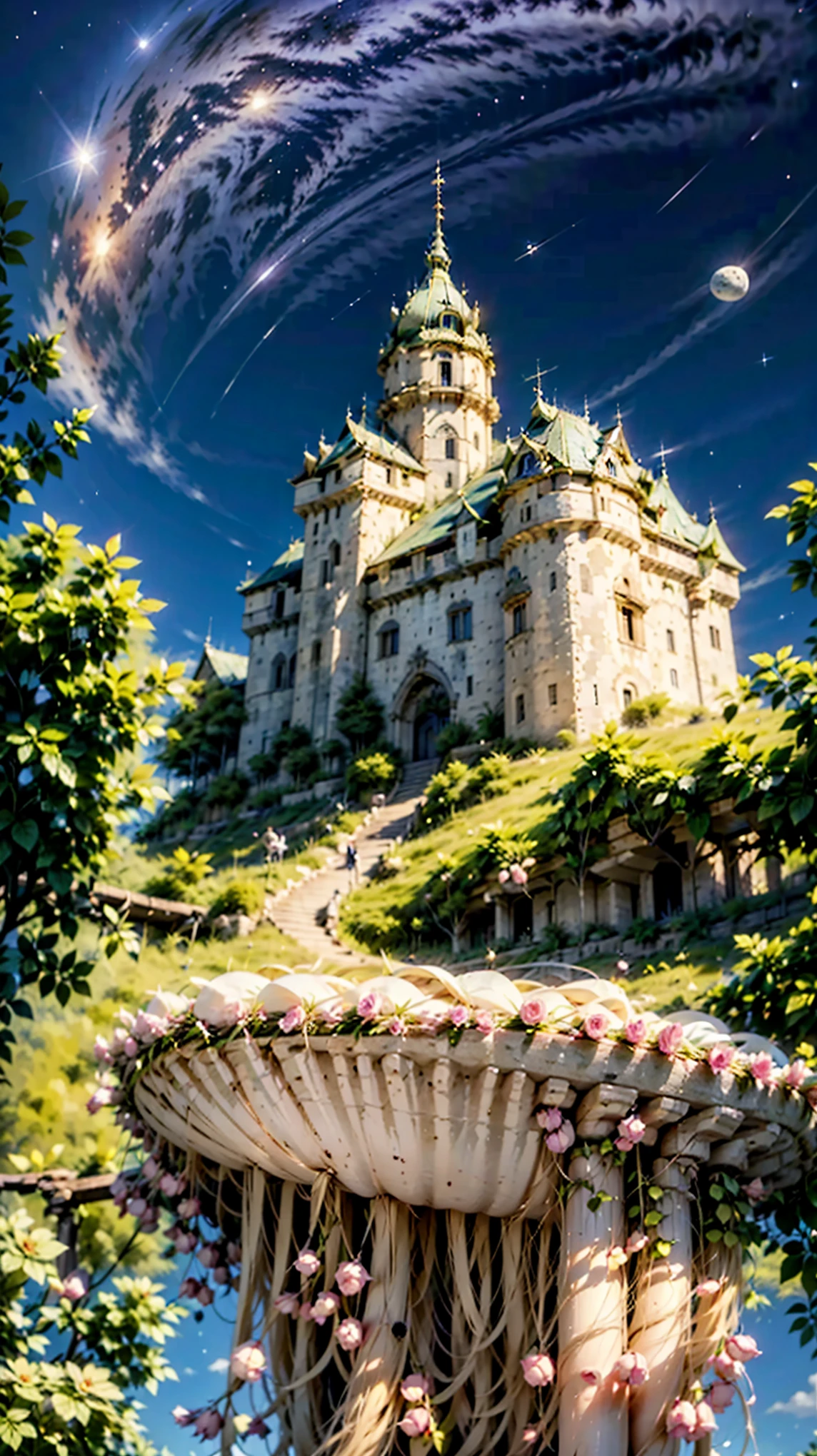(Obra-prima,melhor qualidade:1.4),,,lindas sombras, 
arte oficial,great illustration
perfect anatomy, hiper detalhado, ultra detalhado,(arte oficial), outer space, terra, a large, long white radish with lots of leaves and roots floating in the sky like Laputa Castle,(de cima:1.3), Belle, Persephone 