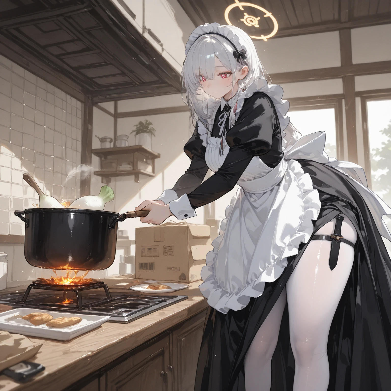 ((best quality)) , ((masterpiece)) , (detailed),1 female,((rose)), (vine), cage, bandage, red rope, (detail light), falling rose petals,((kitchen)),Female chef,High heel,((whole body))