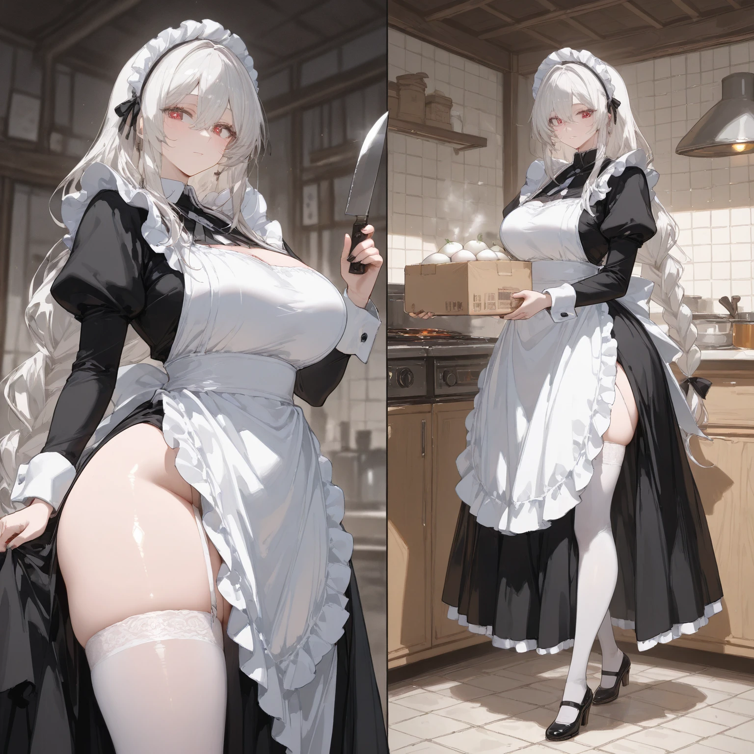 Big breasts and fat buttocks, white stockings, spread thighs, colored inner hair, silver hair, ahoge, rococo style, from below, sparkle, reflection light, cowboy shot, 8k, textured skin, anatomically correct, masterpiece, UHD