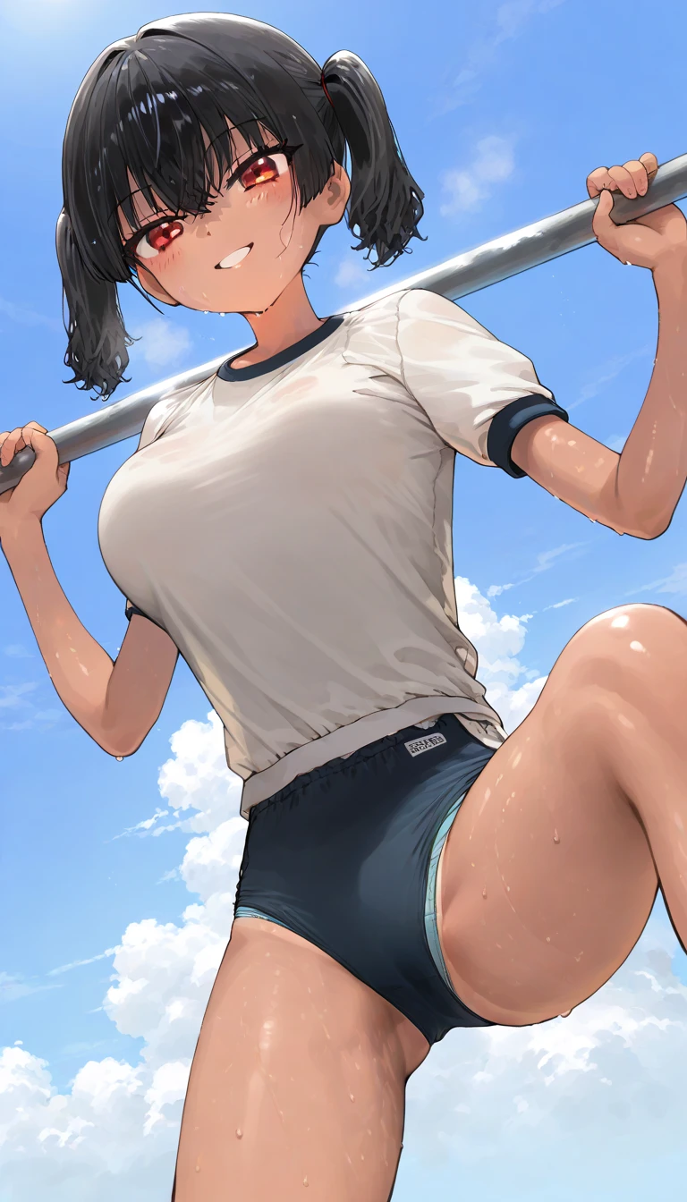 (beautiful girl : 1.3),1 girl,(kanna, black_hair, short_twintails, red_eyes,),(white gym clothes,Short sleeve,take off dark blue buruma,light blue panties, pubic hair),Smile Yan,sweat,hangs on a horizontal bar,Hands Up,Prairie,Blue Sky,cloud,Sunshine,masterpiece,top quality,Rich Contrasts,High Definition,8k,high definition CG unit wallpaper,Textures,unbelievably absurd,RAW pictures,Deep Border 1 .2,very detailed