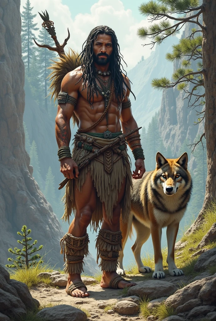 He is a tall, 2-meter indigenous man with long dark hair and a square face. His eyes are completely white. He is bare-chested showing his strong physique, wearing only a long necklace made of wolf teeth and bracelets made of shells, leaves, and small bones. He wears leather pants adorned with feathers and walks barefoot at all times. A large sword is strapped to his back, and he is accompanied by a wolf with black and gray fur. i would like the art in a fantasy rpg style. in the old west

