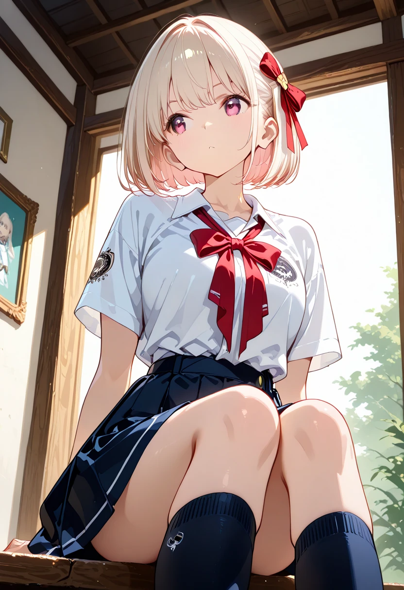 (8K、Highest quality、highest quality、masterpiece)、Detailed face、((One loli))、 ((Brown skin:1.3))、Blonde、Bobcut、Grey Eyes、evil smile、((Grin))、Small breasts、Red bow tie、((White shirt))、Short sleeve、((Black pleated skirt))、((skirt lift))、((black panties))Cowboy Shot、Gym storeroom