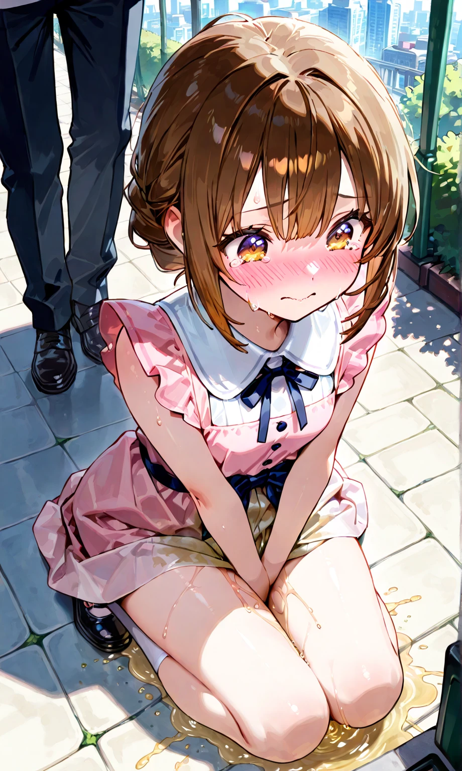 score_9, score_8_up, score_7_up, source_anime, best quality, masterpiece, official art, absurdres, highres, ultra-detailed,waifu2x,break,1boy, 1girl,suou momoko, casual, ahoge, short hair, blue eyes, eyebrows visible through hair, wavy hair, blunt bangs, yellow dress, print dress, floral print, yellow shirt, short over long sleeves, layered sleeves, hair ornament, hair flower, white flower, black pants, pants under dress, capri pants, pants rolled up,(nipple:0.6),wet, sweat, open mouth, saliva, blush, vaginal sex, intense sex, big penis, (stomach bulge:0.4),twitching penis, pussy, pussy juice, sexual climax, trembling, female orgasm, forced orgasm,intense orgasm, heavy breathing, motion blur, motion lines, cum, creampie, facial, sound effects,outdoors, alley,break,(clear line illustration:1.2), super detailed skin,very high resolution, very aesthetic, Best sexual lighting powered by famous artist, 8k,cute picture,beauty illustration,photoshop_(medium),,(Detailed Lighting),uncensored,