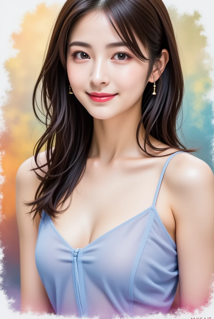 light blue transparent dress、medium breasts、valley、hair ornaments、A beautiful woman with a sense of transparency、cute、upper body up、smile、Light blue wall on background