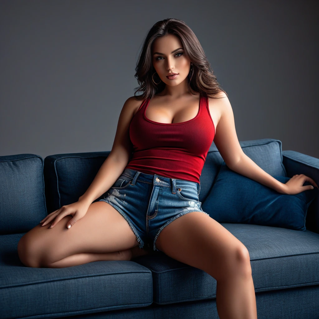 woman sitting on a sofa holding a cell phone in her right hand, wearing a red t-shirt and dark blue micro shorts, sitting on the sofa, large thighs, sitting on the sofa, bottom angle, sitting on a sofa, sitting on the sofa, back photo, thick thighs , candid photo of thick legs, sitting in her room, sitting in a room, sitting on a sofa. beautiful woman with perfect body doing sassy pose, 40 years old woman, full body sarcastic pose, photo shoot, lewd pose. Shapely woman, full body, full body photography, centered full body photo, 40 year old woman, 4k, portrait photo, profile photo. She is wearing a vibrant red sports tank top and very short dark blue shorts (((dark blue))). Sharp photo, high quality, high resolution (ultra quality masterpiece), Ultra HD, high contrast, 16K. Masterpiece: 1.3, high resolution, (photographically realistic), NUDE, NUDITY, NFSW