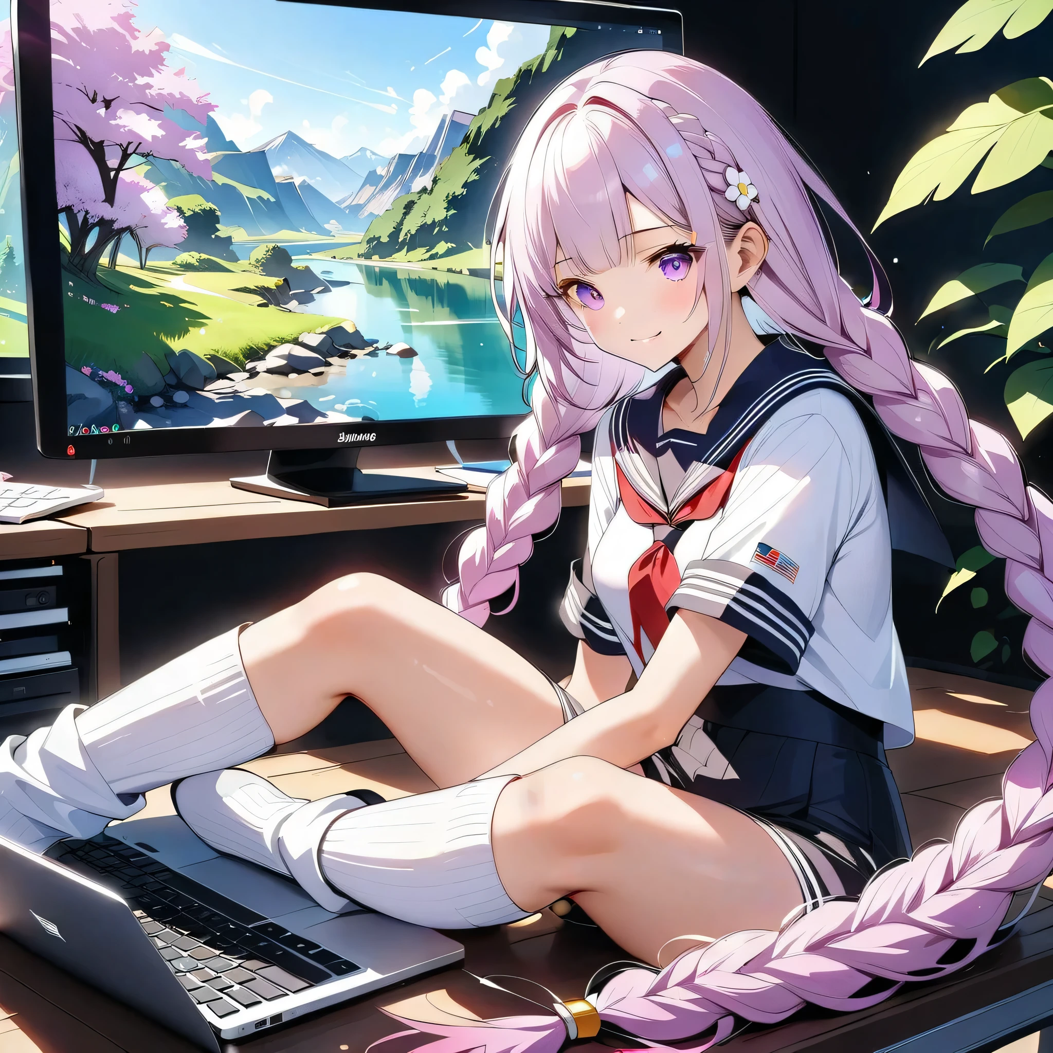 score_9,score_8,score_7,winning work、1girl,(purple and milky white gradient hair color、two braids、long hair)、(sailor suit、loose socks、loafers)、pretty face、face、Best Smile、(((top quality、Supreme Masterpiece、Super Detailed、high definition、CG、HHD、32K)))、(((in a state where Kakuhime is holding her laptop)))、(((Left side with the center as a border/ dead trees々、Right side/beautiful landscape with flowers blooming)))、pink fluorescent cherry blossoms like nocturnal insects are popping out of the desktop PC、pink neon color、opposite background with the center of the screen、