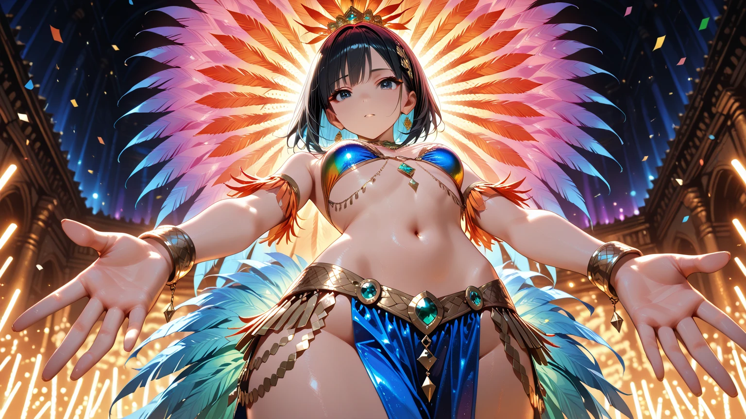 8k、Ultra-high resolution、Highest quality、Tabletop、Ultra-high resolution(Super huge huge chests、Toned body:1.18)(Samba Carnival Costume with Feathers:1.5)(Short black hair:1.1)Japanese women、very cute、Cute Smile、Squat、Spread your legs,High Kick、bikini、Outdoor、a sunny day、A large number of people、Dancing the Samba