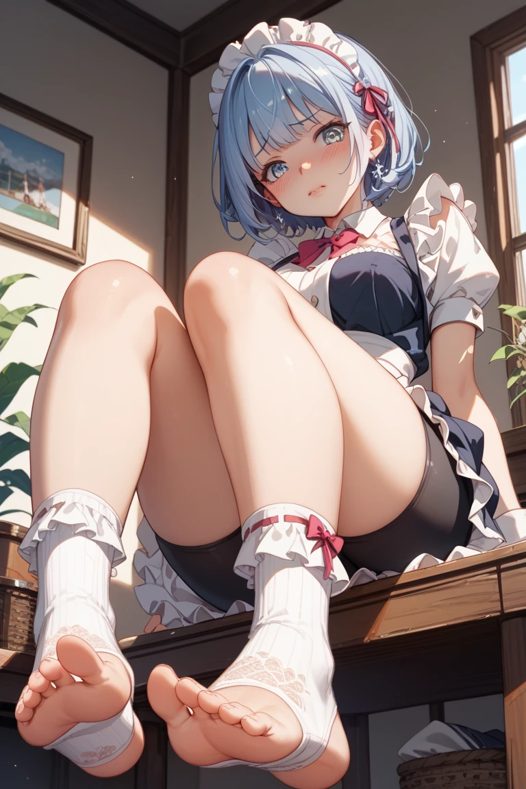 skirt(Re:Zero), blue hair,shortcut,straight bob、Please take off your uniform, bow, 赤いbow, long sleeve, shirt, 襟付きのshirt, 白のshirt, skirt, プリーツskirt, 黒のskirt, white pantyhose、naughty big、big and full breasts、looking at the viewer, break (table top:1.2), highest quality, High resolution, unity 8k wallpaper, (figure:0.8), (detailed and beautiful eyes:1.6), highly detailed face, perfect lighting, Highly detailed CG, (perfect hands, perfect anatomy),smile with open mouth、(white panties:1.3)、(fully exposed panties:1.5)、(squat:1.3),outdoor、outside the house、(socks:1.3)、solo