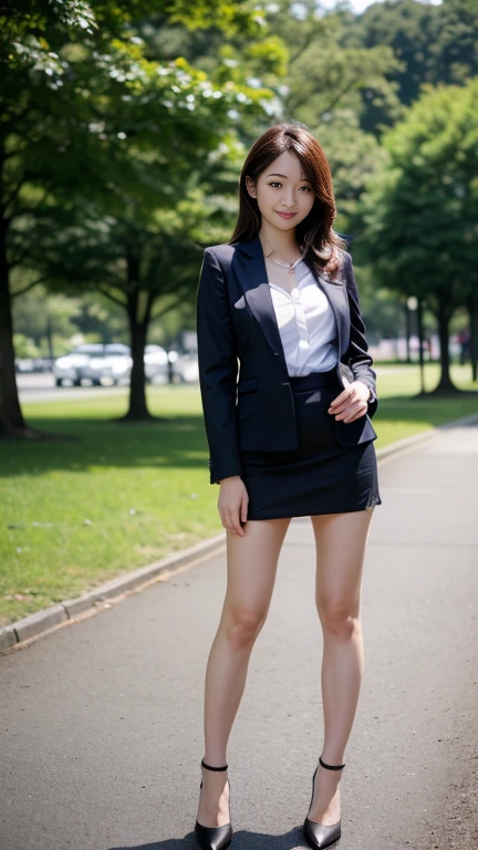 Woman in a suit standing on the sidewalk,((25-year-old woman))、Big Breasts、Dark brown hair color、Hairstyle with bangs、Various hairstyles、Hairstyles of different lengths、(8k, RAW Photos, highest quality, Tabletop: 1.2),、(Realistic, Realistic: 1.3), Cityscape,office district, Day, Sunny Morning, Professional Lighting, Photon Mapping, shirt, (Woman in a suit:1.1), ((dark Blazer:1.2))、A-line skirt、(Tight Skirt:1.3)、necklace, ((Delicate photo))，(Detailed RAW Photos of Girls), (Tabletop:1.25), (highest quality:1.3), (high resolution:1.4), (Realistic:1.75), 8k resolution, Canon EOS R5, 50mm, absurdes, Ultra-detailed,Cinema Lighting, (Skirt Lift:1.4)、nsfw、smile、(race purple panties), Skirt flipped up、(full body shoto)