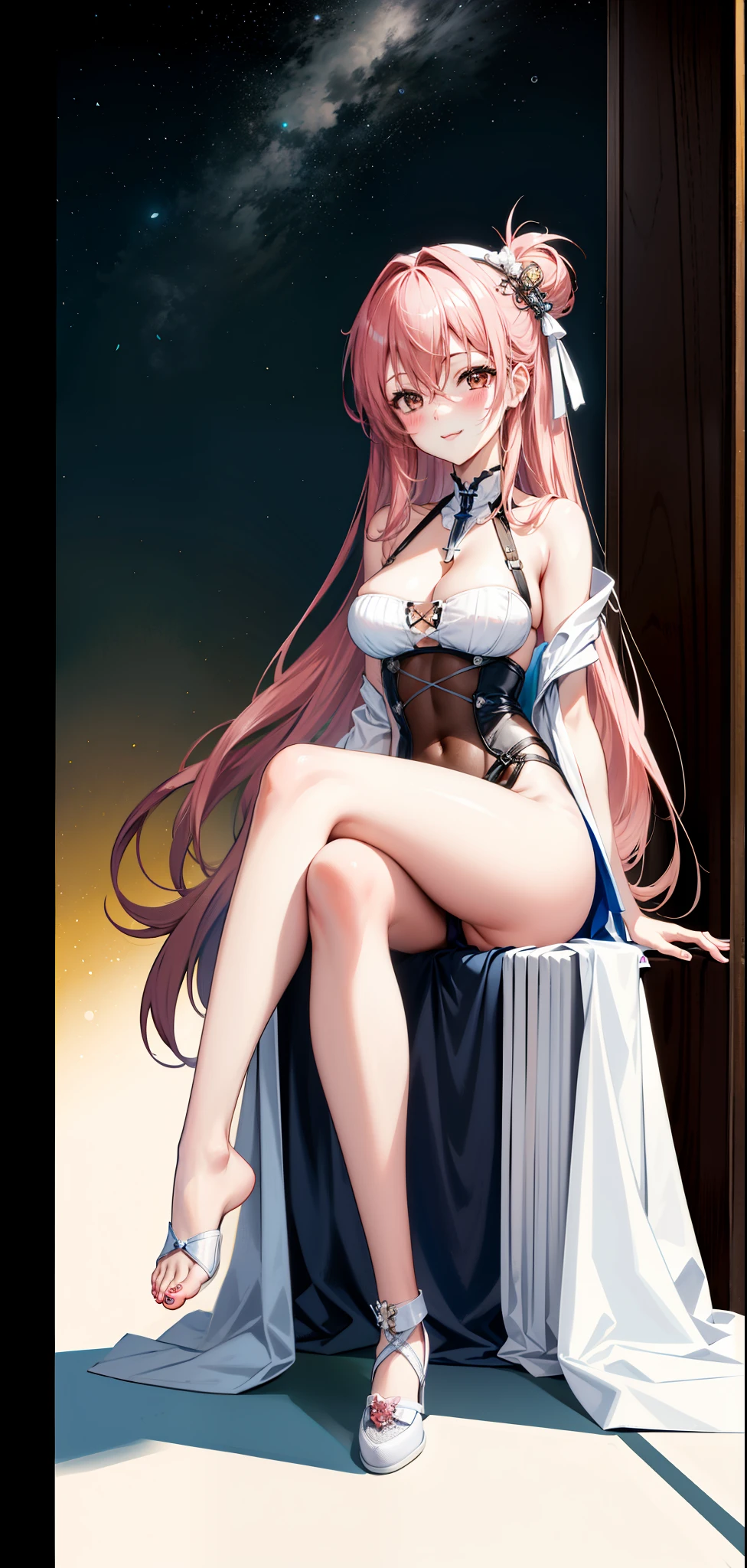 masterpiece, high quality, highres, 1girl, background, white background,
sunflower, white bikini,frilled bikini, eyewear on head, heart-shaped eyewear, thigh strap, light blush, :d, small breasts, leg up, barefoot, parted lips,pink hair, very long hair,frilled thigh strap,
full body, sitting, looking at viewer,barefoot,very huge breast