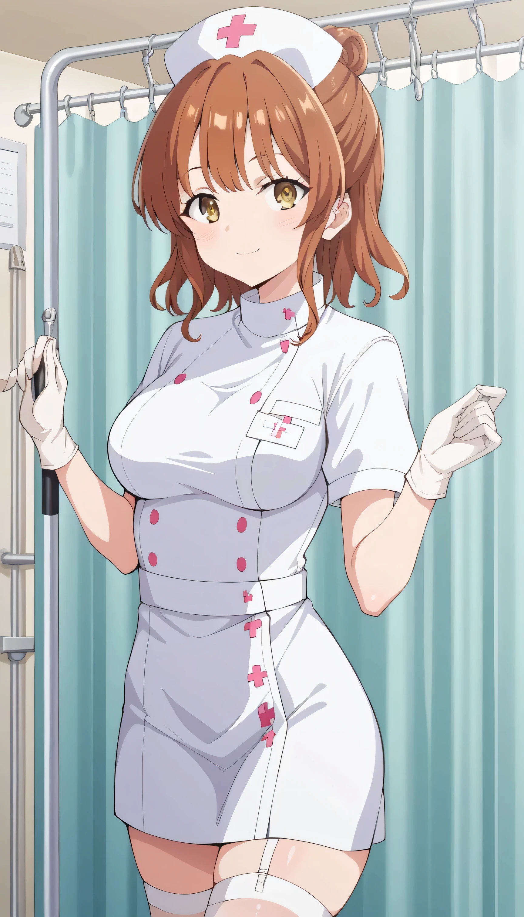 Score_9, score_8_up, score_7_up, source_anime, moeko sekine, solo, brown hair, brown eyes, single hair bun, sidelocks, (best quality), (high quality), {masterpiece}, extremely delicate and beautiful, ultra-detailed, beautiful detailed eyes, nurse, nurse hat, ((white nurse's outfit)), white gloves, white legwear, zettai ryouiki, hospital room, smile, :3, standing