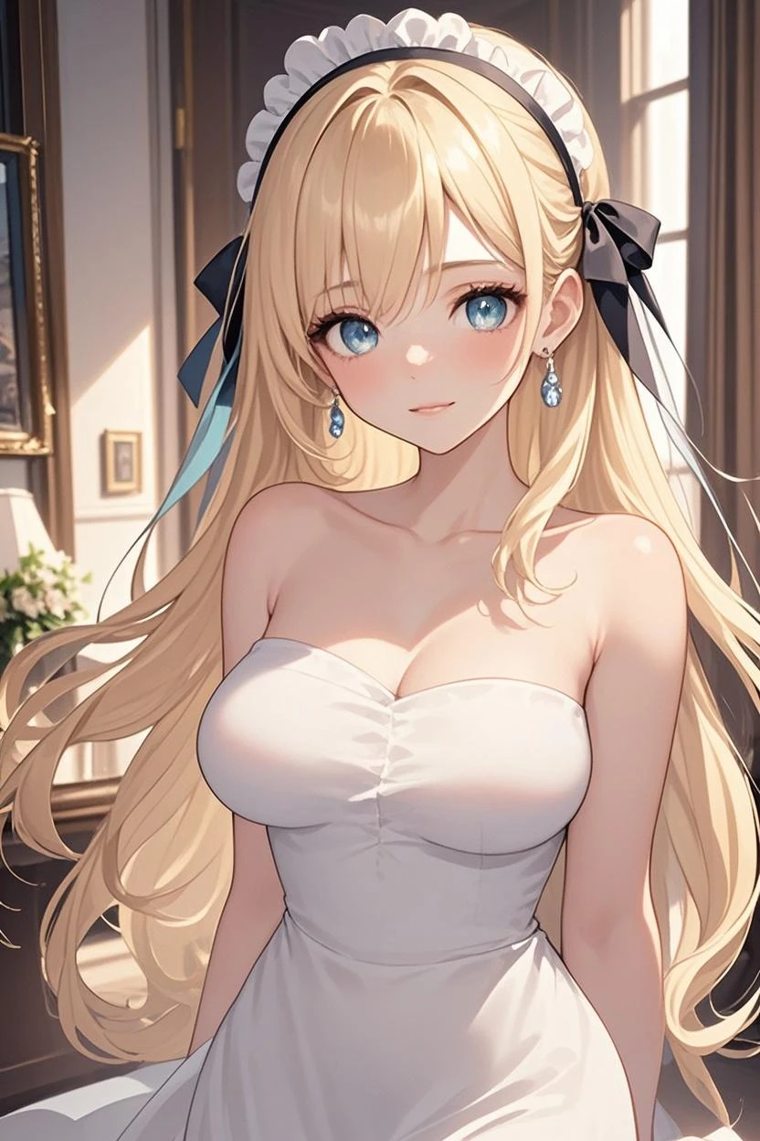 masterpiece, best quality, highly detailed, ultra high res, ayase arisa, 1girl, solo, hair ornament, long blonde hair, glossy lips, medium breasts, aqua eyes, wedding dress, light smile, elbow gloves, garden