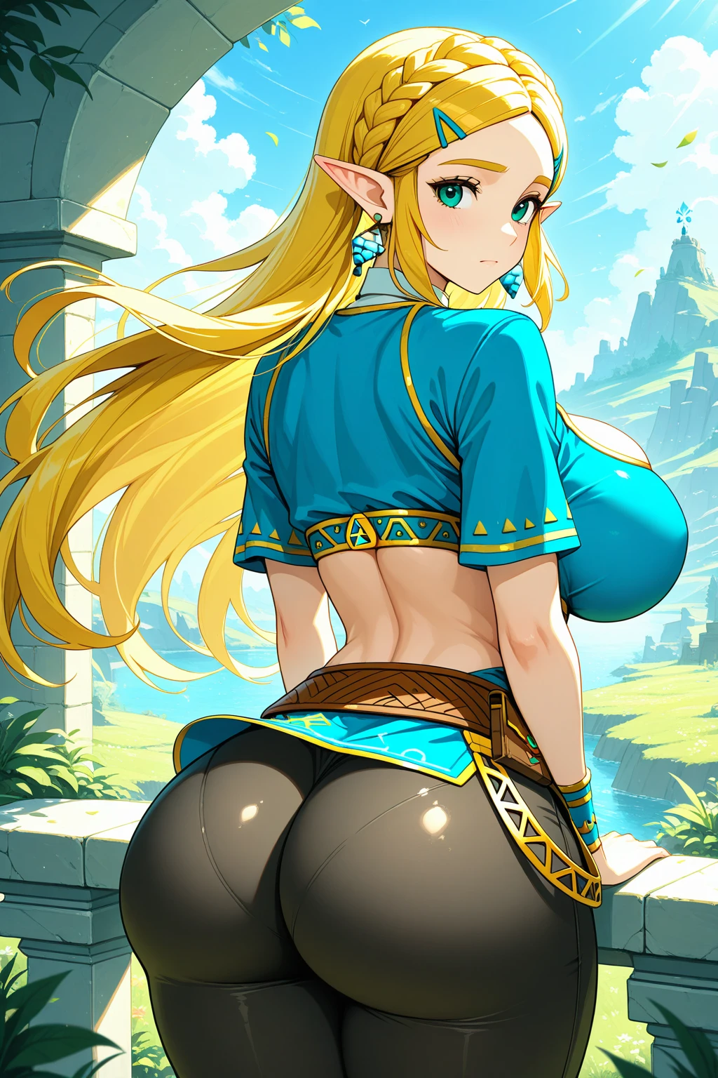 Princesa Zelda muy sexy con tetas muy pero que muy grandes, enormes. Facing the wall and only with an open white shirt that shows her tits and with Link behind her holding her waist and putting his penis up her ass