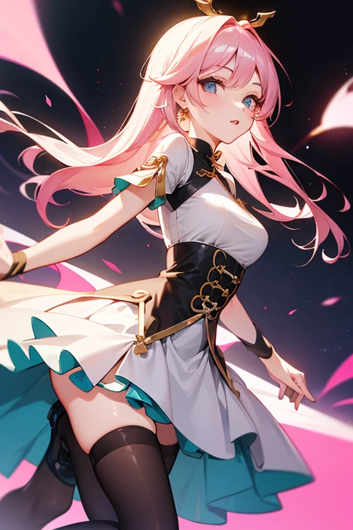 pink haired,The hair was long,green eyes,very long dull hair,Lazy in appearance,white miko costume,white stockings,blue tie