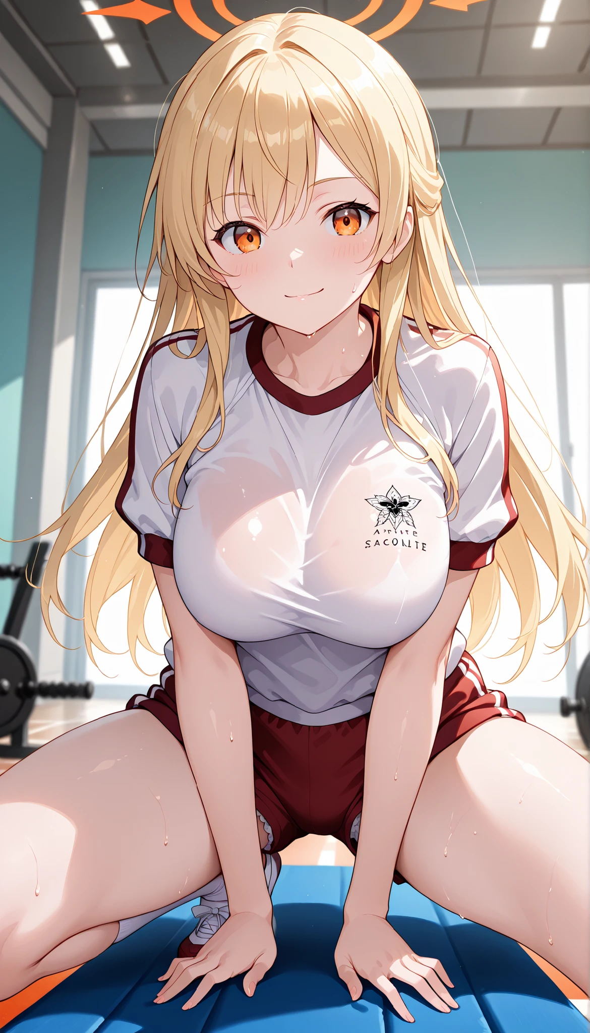 <lora:Something:0.8>, 1girl, blonde_hair, yellow_eyes, cross-shaped_pupils, underboob, sweaty breasts, collar pull, accidental exposure, gym_uniform