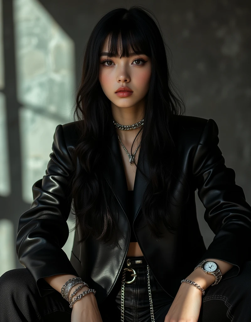 masterpiece，((de primera calidad)），fondo de pantalla 8k，((Mujer 1)),Modelo se parece a shakira，(Gira la cabeza hacia arriba 40 gradoscabello negro sin pelo，cejas finas，Hermosa chica trascendente，edad19，cuerpo completo，atractivo，((The whole body is wrapped in chains))，((Finos detalles faciales)),((Both eyes are completely closed.))，((Gritar)),((arrugas entre las cejas))，expression of pleasure，((mejillas rosadas))，((Sweating on the face))，black police hat，Un collar negro unido a una cadena de plata.，((black police jacket))，pulsera de hierro negro con cadena de plata，sujetador de encaje，Bragas de encaje blanco，ubre grande，escote del pecho，((la cadena entra en el escote:1.5))，black leather belt，Minifalda negra，medias negras，La luz de la bombilla la ilumina.，police cosplay，cosplay profesional，The background is a torture chamber.