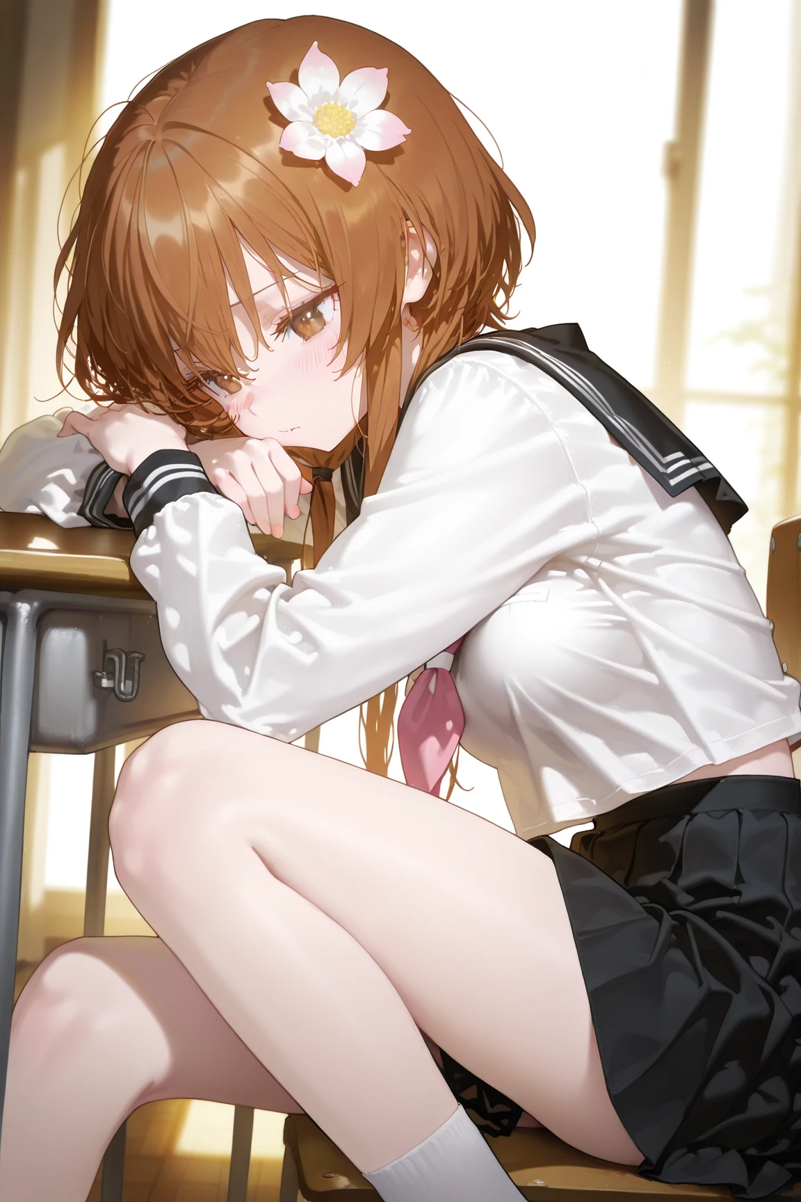 best qualiy, Misaka_mikoto, brown eyess, Short_hair, Small_Breast, looking at the viewers, 独奏, Closed_Mouth, collars_Shirt, School_uniform, shirts, whited_Shirt, , class room fully body miniskirts Cool look sexypose