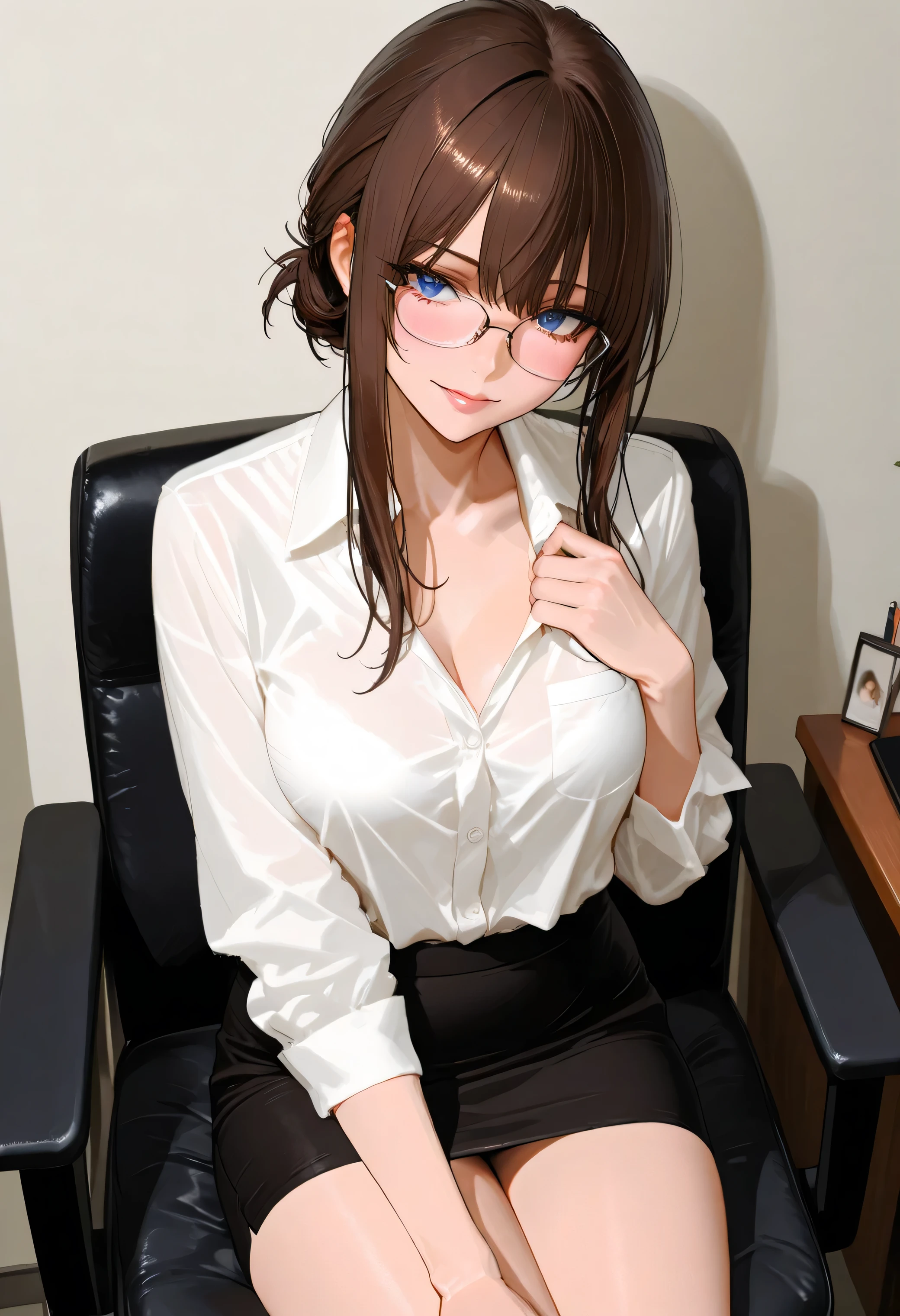 masterpiece, 最high quality, high quality, High resolution, high quality texture, high quality shadows, High resolution, Beautiful details, Detailed CG, Detailed Texture, Realistic representation of face, Realistic, colorful, delicate, Cinematic Light, Side light, Lens flare, Ray Tracing, sharp concentrated, (1 Girl,concentrated:1.3), ( Intricate details, compensate, PureErosFaceV1:0.5), (細部まで美しいdelicateな顔, 緻密で美しいdelicateな瞳, Perfect Facial Proportions, Dense skin, Optimal ratio of four fingers to one thumb, Arms under chest, From below,medium breasts, Wide Hips, Smooth upper abdomen, Tilt,middle hair ,wavy hair , withe blush , tight fitting black skirt ,30 years old,Blue Eyes,Study,Glasses, white blouse ,Tight Skirt,black stockings, garter belt,high heels,desk, sit cross-legged ,secretary ,adultery,house wife, smile, temptation