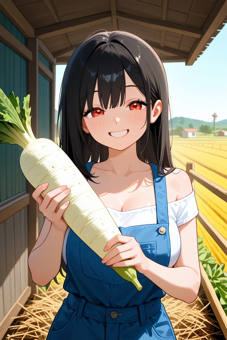 masutepiece、Ultra-high-definition digital art、(farmhouse)、girl with、brawn hair、poneyTail、pinafore、(Harvesting vegetables on the farm)、Crystal clear skin、kawaii eyes、perfect hand、intricate detailes、sharpnes、A sexy、cleavage of the breast、ssmile