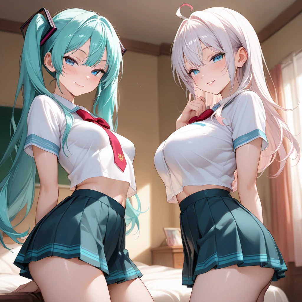 NFSW, Best Quality,masutepiece,look down on, Upper body,Strands of hair,lightblue hair,white hair,Pink hair,Classroom,tiny chest、red blush, Bow, Red bow, Long sleeves, Shirt, Collared shirt, Skirt, Pleated skirt, Black skirt, looking at the viewers, Best Quality, High resolution, (Beautiful detailed eyes:1.6), extra detailed face, Perfect Lighting, extremely details CG, (Perfect hands, Perfect Anatomy),A smile、(Skirt lift:1.3), (Skirt that rolls up:1.3)、(Fully exposed panties:1.5),(Multiple girls),(no panties:1.3), (breast out:1.5), pussy line, (love juice:1.3)