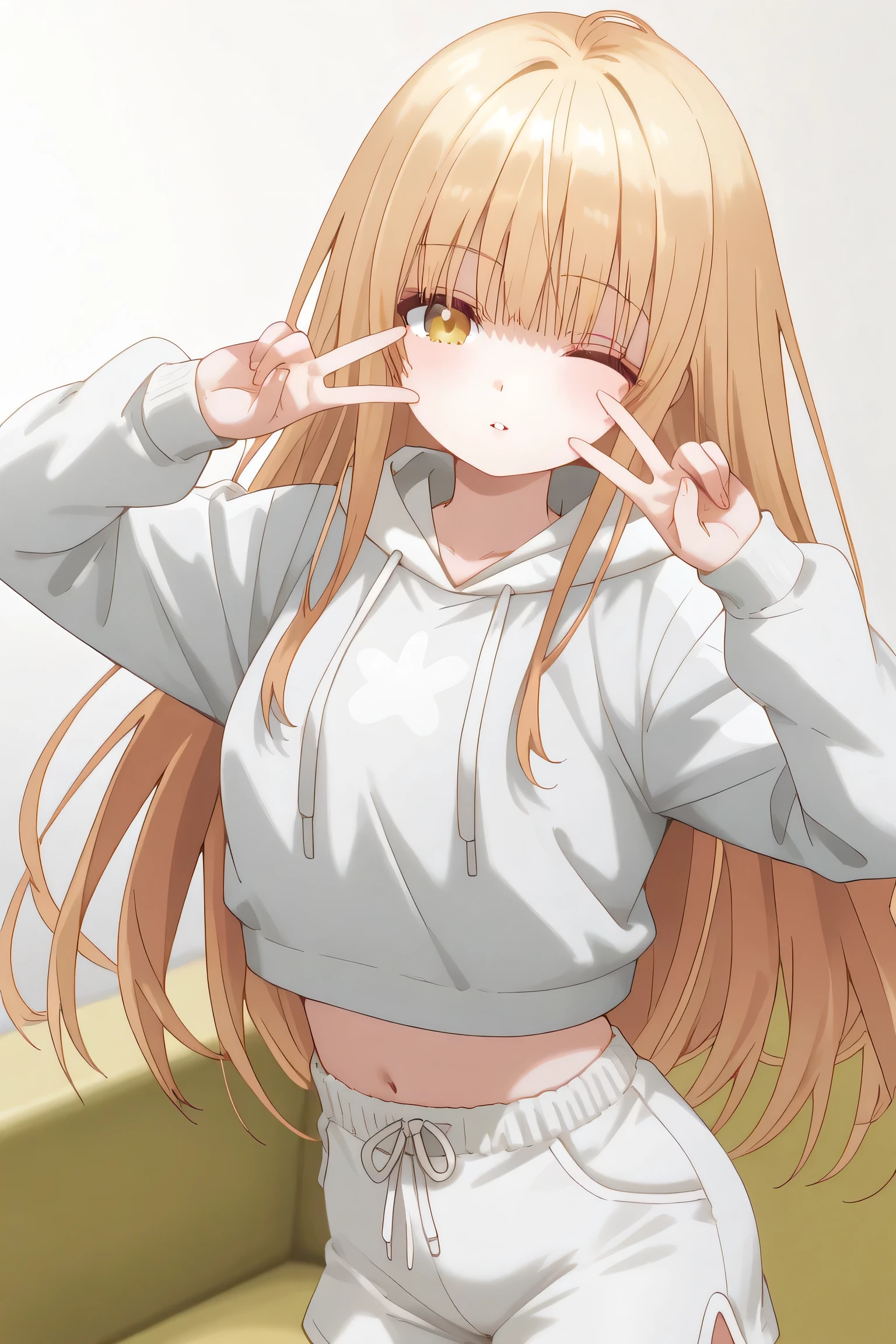 Mahiru Shiina: cropped hoodie, white shorts, Pose peace sign in front of face, satu mata berkedip (wink), a coy but seductive expression