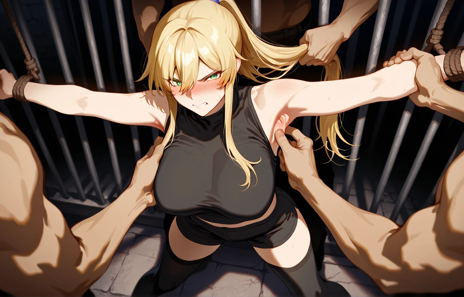 NSFW,(pale illustration,anime illustrations:1.2),(masterpiece, highest quality, so beautiful, Super detailed),textured skin, high details,8k,gleaming skin,pale outline,
(konjiki no yami,gold long hair,red eyes,thigh strap:1.2),
1 girl,Medium breast,soft breast,(shorty),Frown,blush,nude,(all fours:1.3),(stick out butt:1.2),on the street,(crowd of men in front of girl:1.2),black collar,pov red leash,Being pulled by the red leash attached to the collar,(full body:1.2),from above
