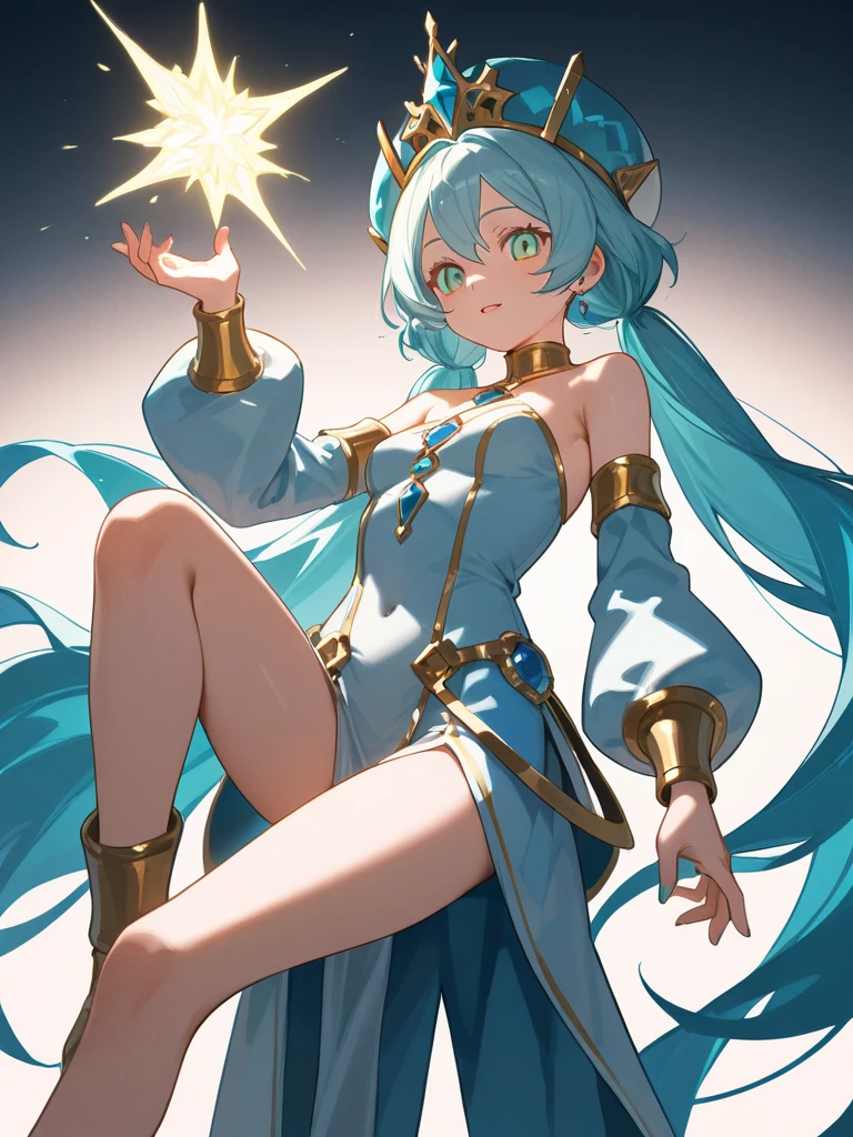 Anime Style,Nostalgic,Detailed background,The medieval world,A lively space with many people々Palace of the,A beautiful smiling bard elf with light blue hair,Large Breasts,Healthy thighs,Underarm,M-shaped legs