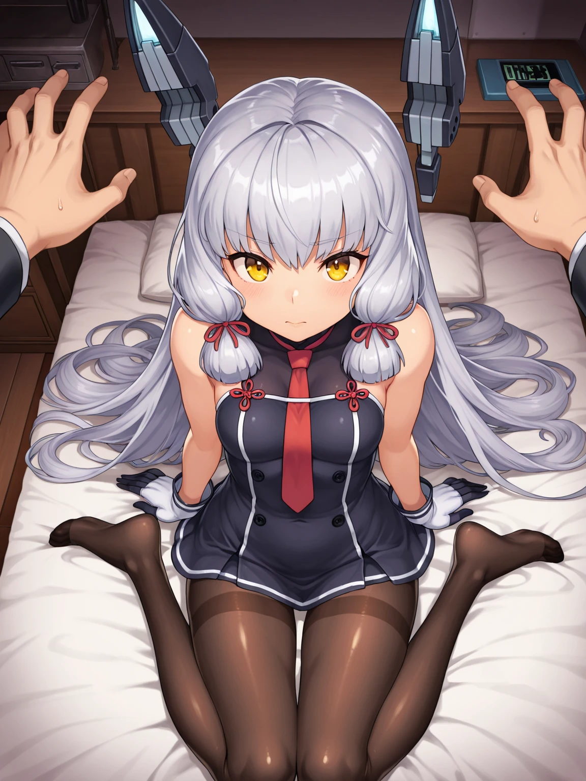 1girl,long hair,white hair,orange eyes,elf,dark skin,dark elf,red bluse,blackmini skirt,tied up,belts,black thights,on the bed,arms behind back,gag,ball gag,sex toys,on the bed